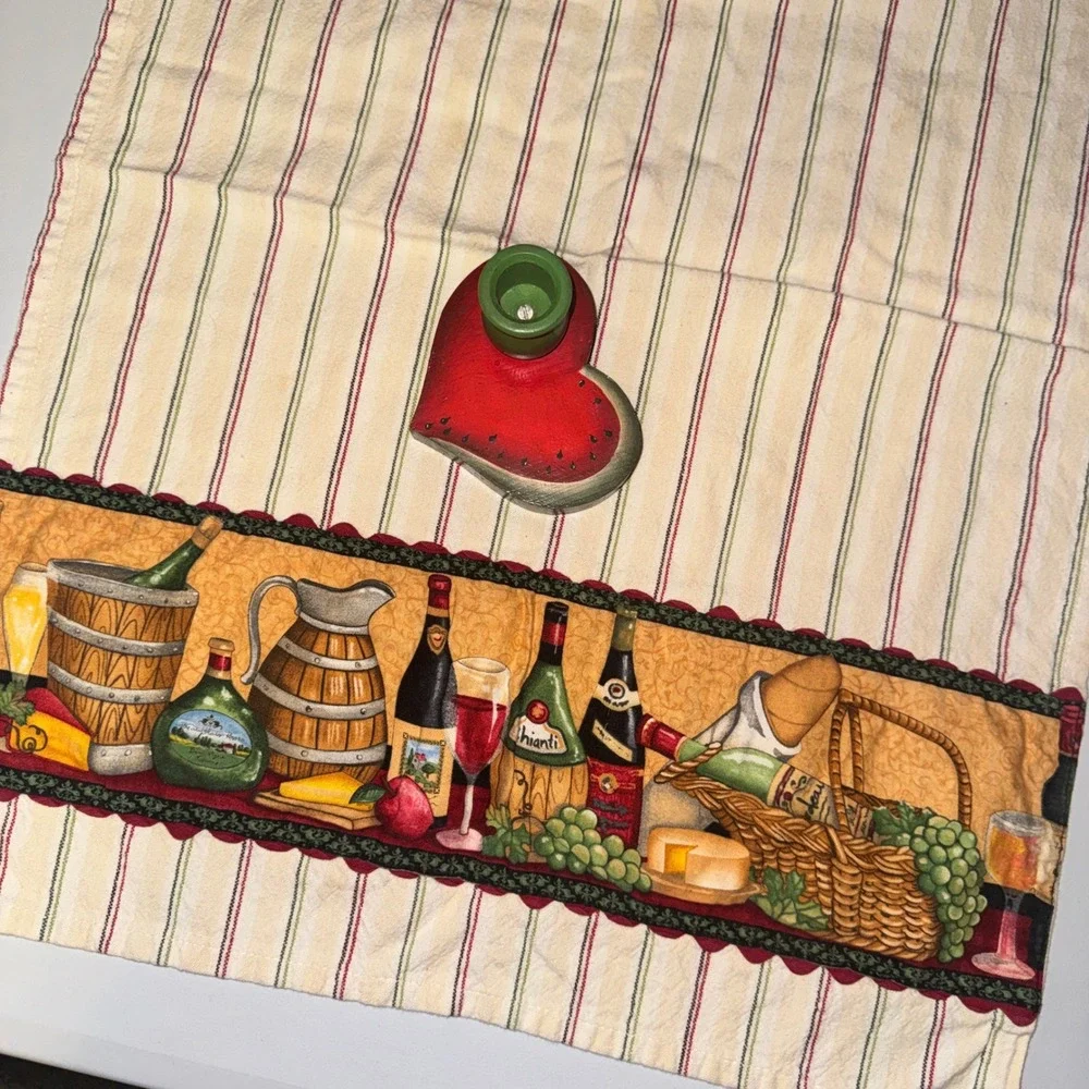 Norton Watermelon Heart Wood Candle Holder Wine Vineyard Tea Towel Set Red Green